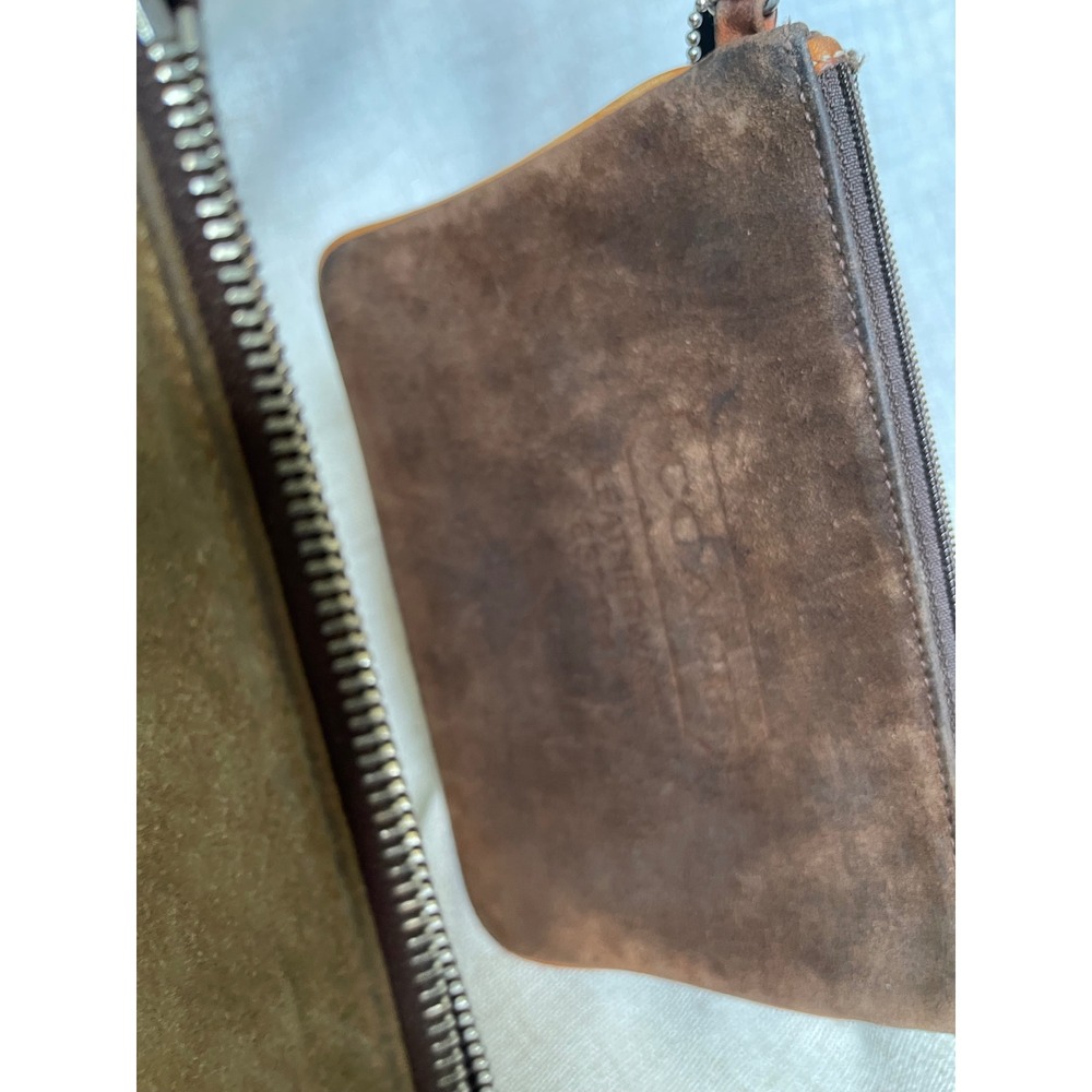 Coach Vintage Suede Wristlet Set Tan Brown Leather Trim Pouch Bag 2pc Bundle - Picture 2 of 5